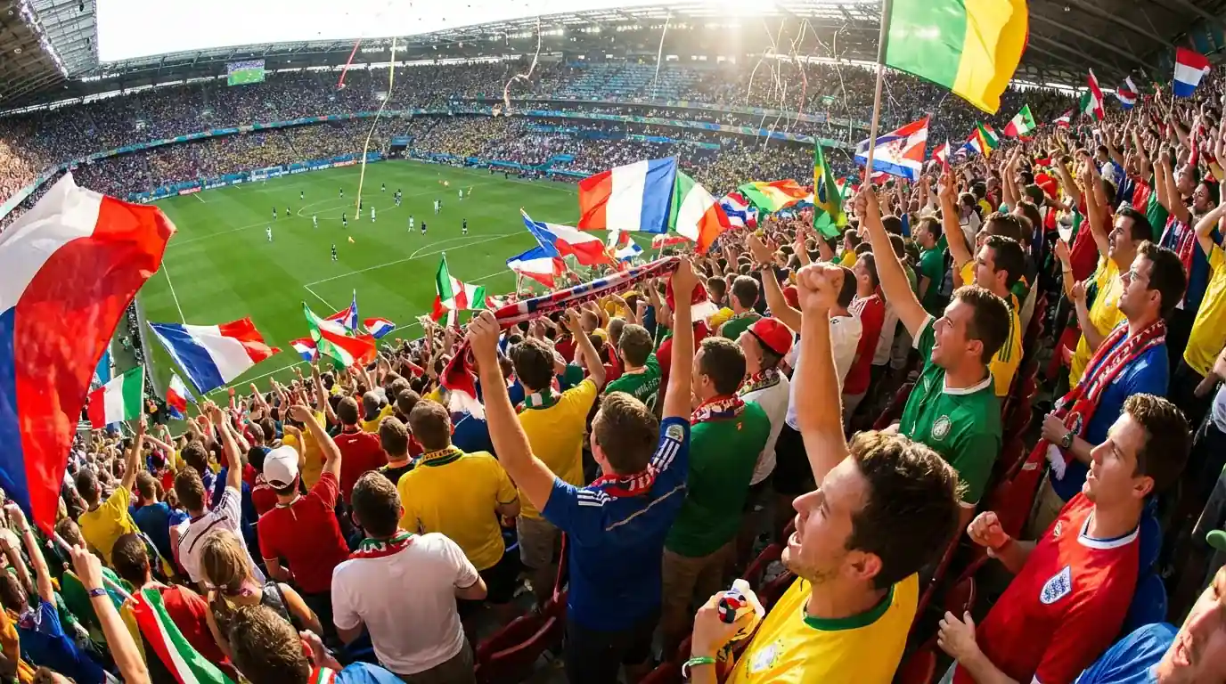 Supporters enthousiastes dans les tribunes d'un stade agitant des drapeaux nationaux lors d'un match de Coupe du Monde