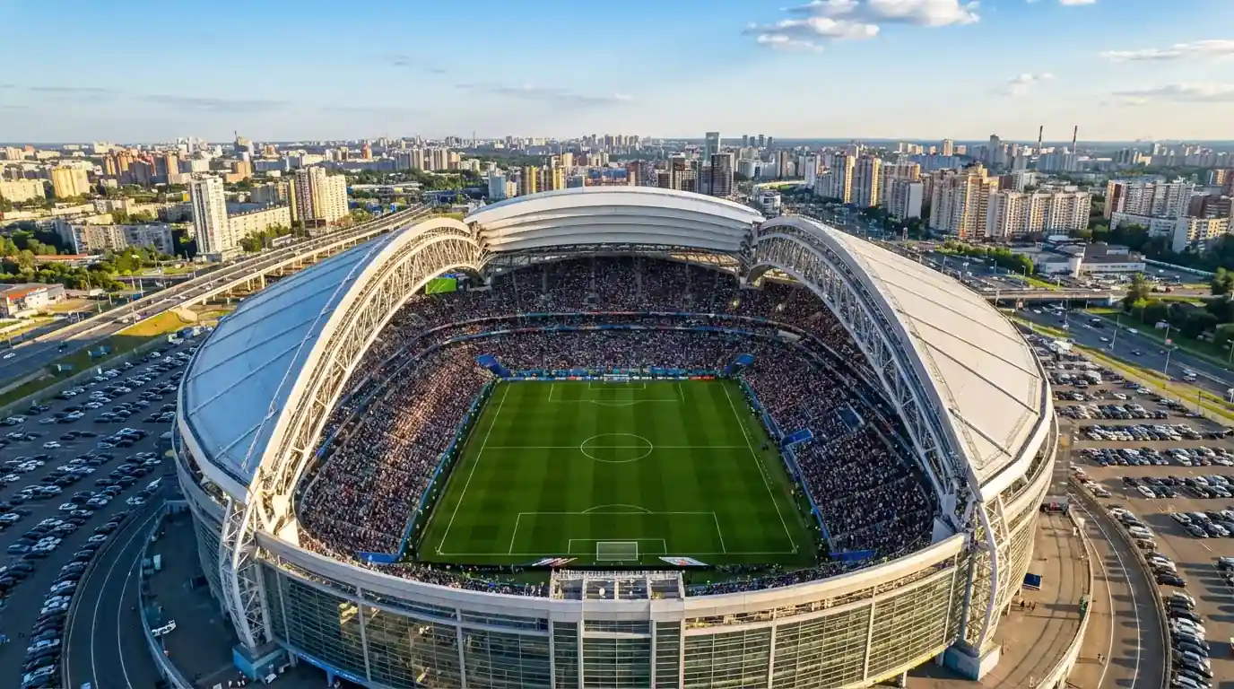 Vue aérienne d'un grand stade américain préparé pour un match de la Coupe du Monde