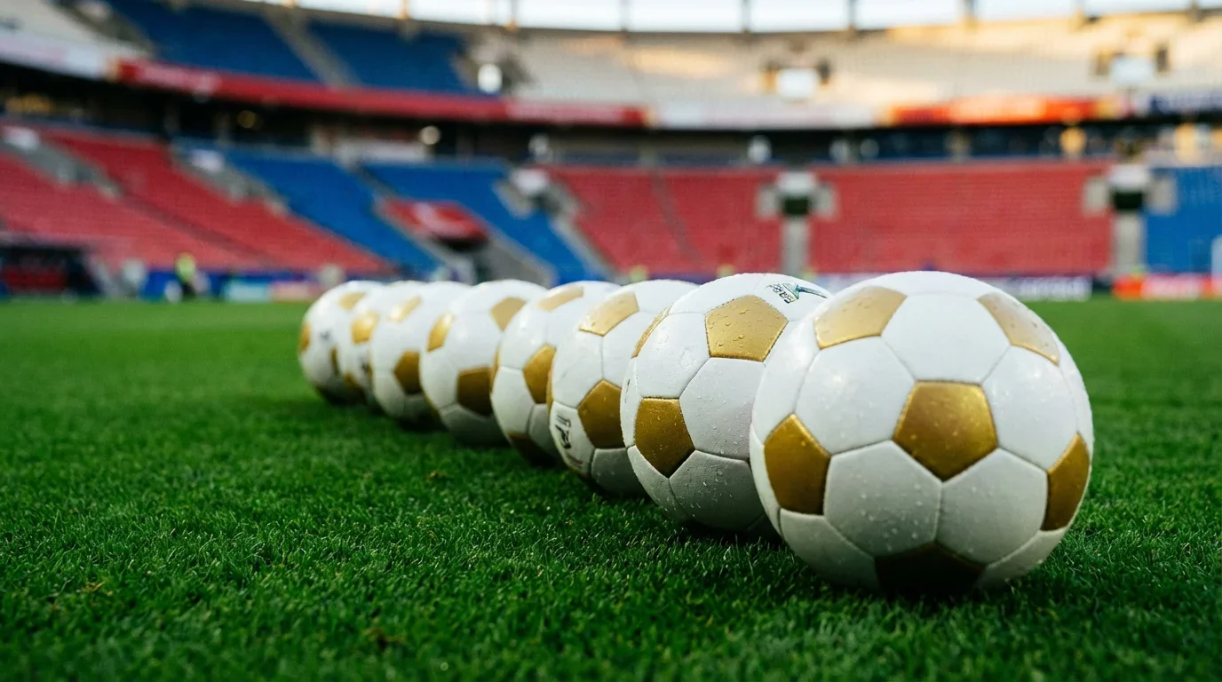 Ballons officiels de la Coupe du Monde alignés sur une pelouse verte avant le tirage au sort